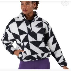 Champion High Pile 1/4 Zip Black & White Geometric Print Pullover New Size Lrg